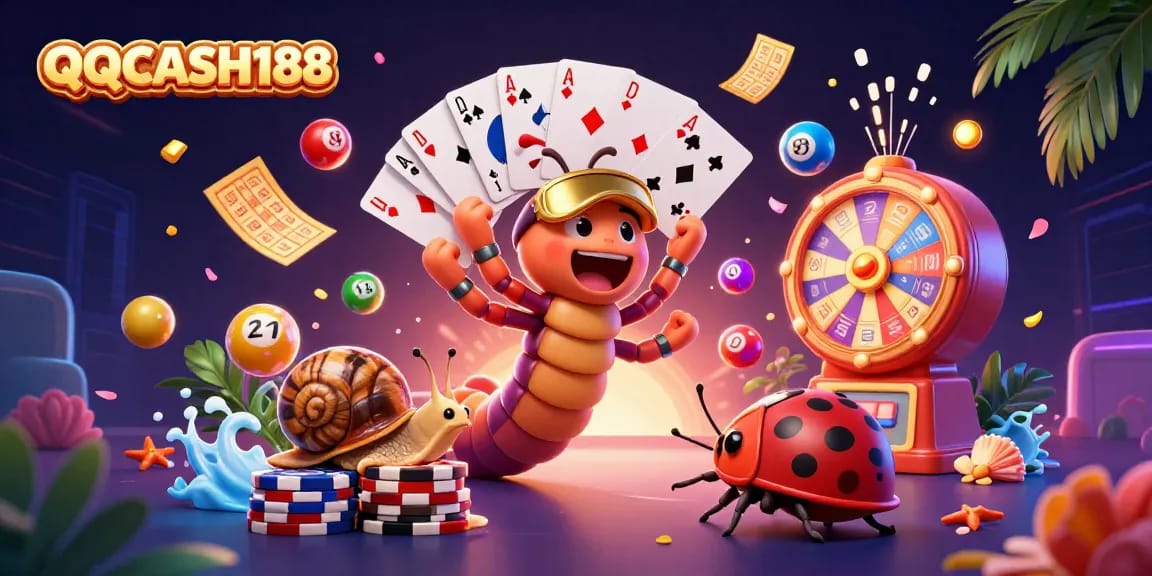 Engage with QQCASH188's lively online gaming scene featuring vibrant characters and casino elements.