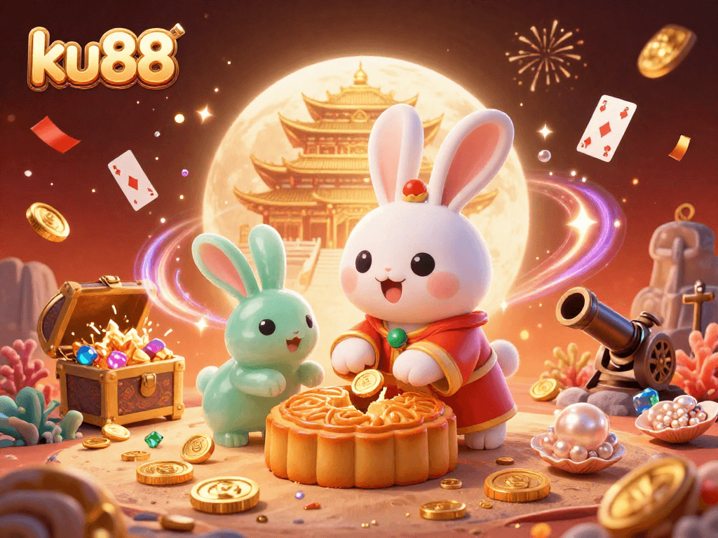 Celebrate winning moments with ku88's vibrant 3D moon rabbit casino illustration featuring poker rewards.