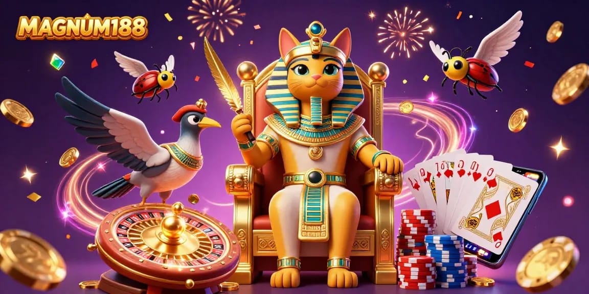 Spin the reels in MAGNUM188's vibrant casino world featuring an Egyptian pharaoh cat and dazzling treasures.