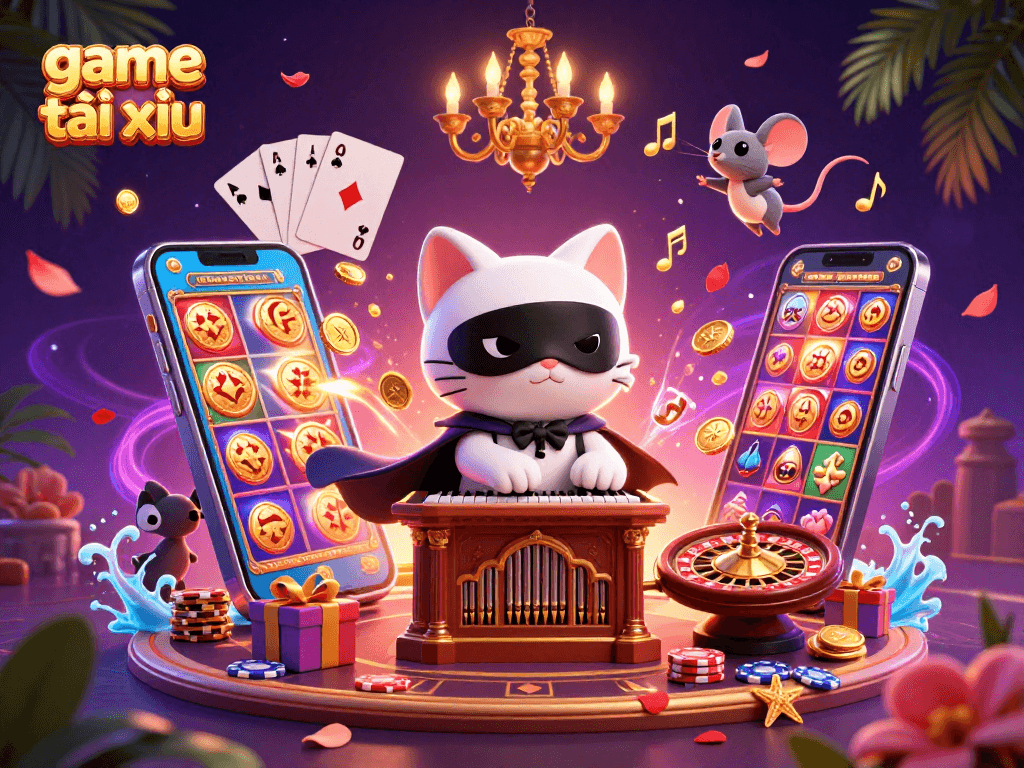 Engage in game tài xỉu surrounded by rich casino elements and vibrant characters.