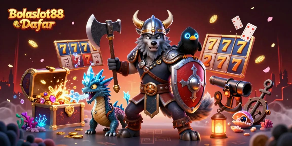 Bolaslot88 Daftar showcases an action-packed casino illustration featuring a Viking wolf warrior, ice-breathing dragon, and raven amidst slot machines and treasure.