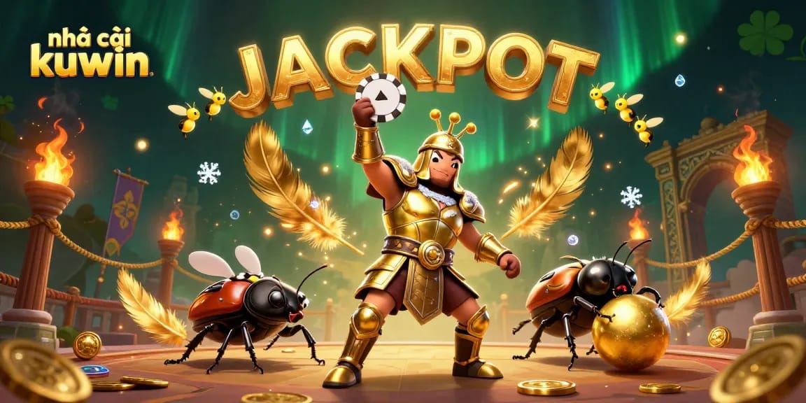 Experience the excitement of nhà cái kuwin with a victorious beetle and golden gaming elements.
