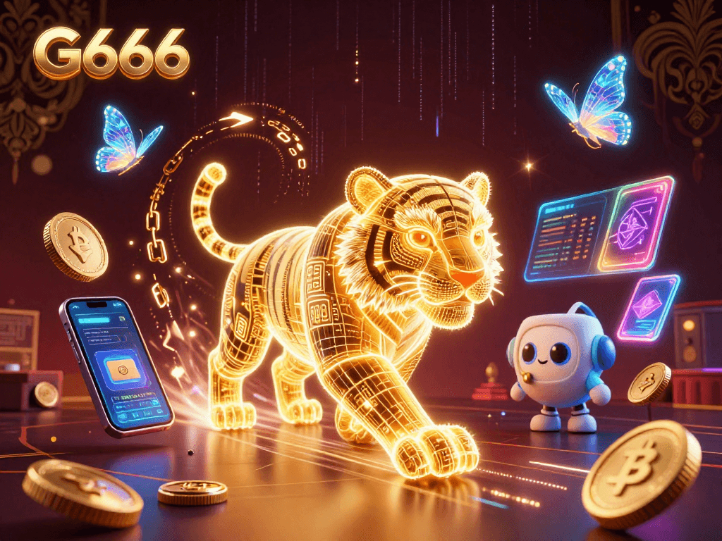 Experience the thrilling G666 casino with vibrant golden tiger and holographic elements in a digital landscape.