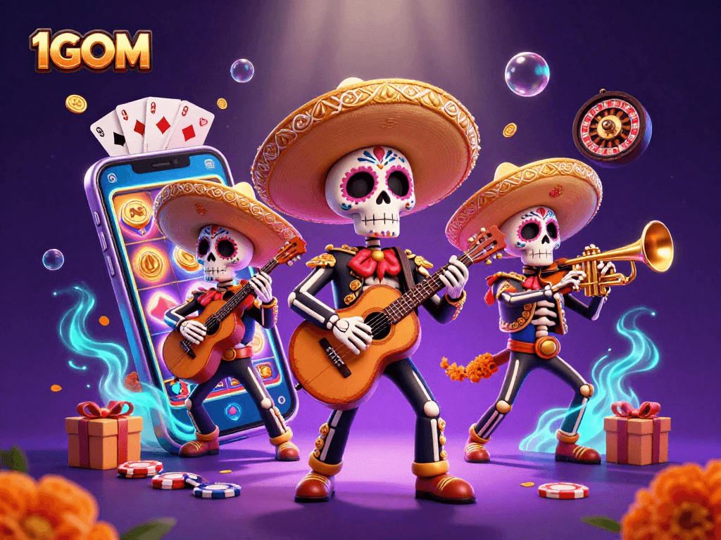 1GOM skeleton mariachi band celebrating gambling with vibrant slot game elements, coins, and cards.