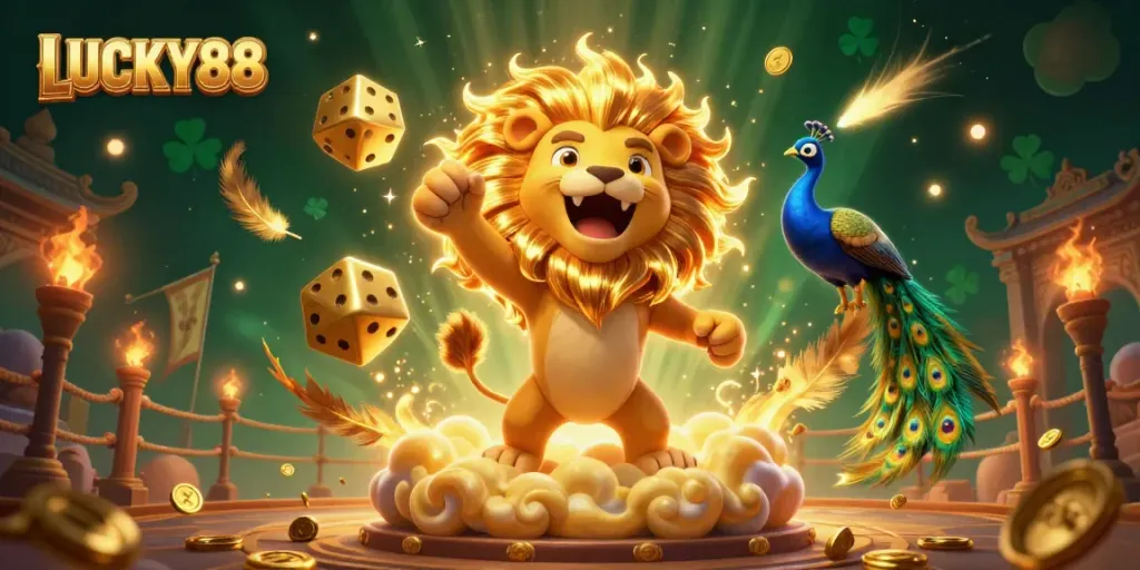 Engage with LUCKY88 in a vibrant online casino scene full of dynamic characters and game elements.
