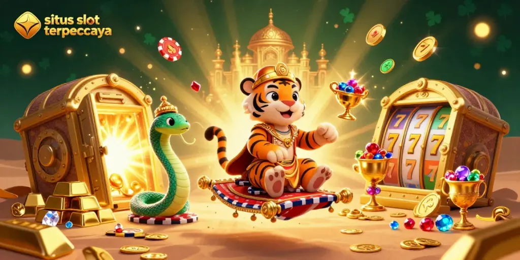 Spin and win at situs slot terpercaya with our vibrant 3D casino scene featuring a lucky tiger sultan.