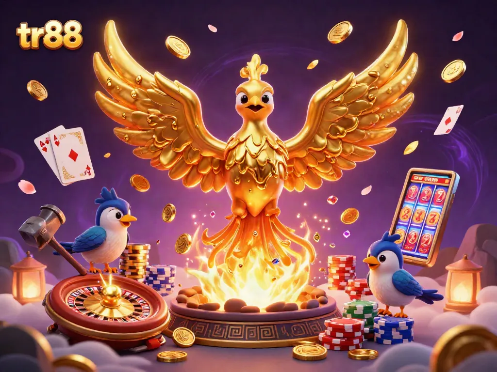 Experience thrilling wins with tr88's golden phoenix and vibrant casino elements in a captivating scene.