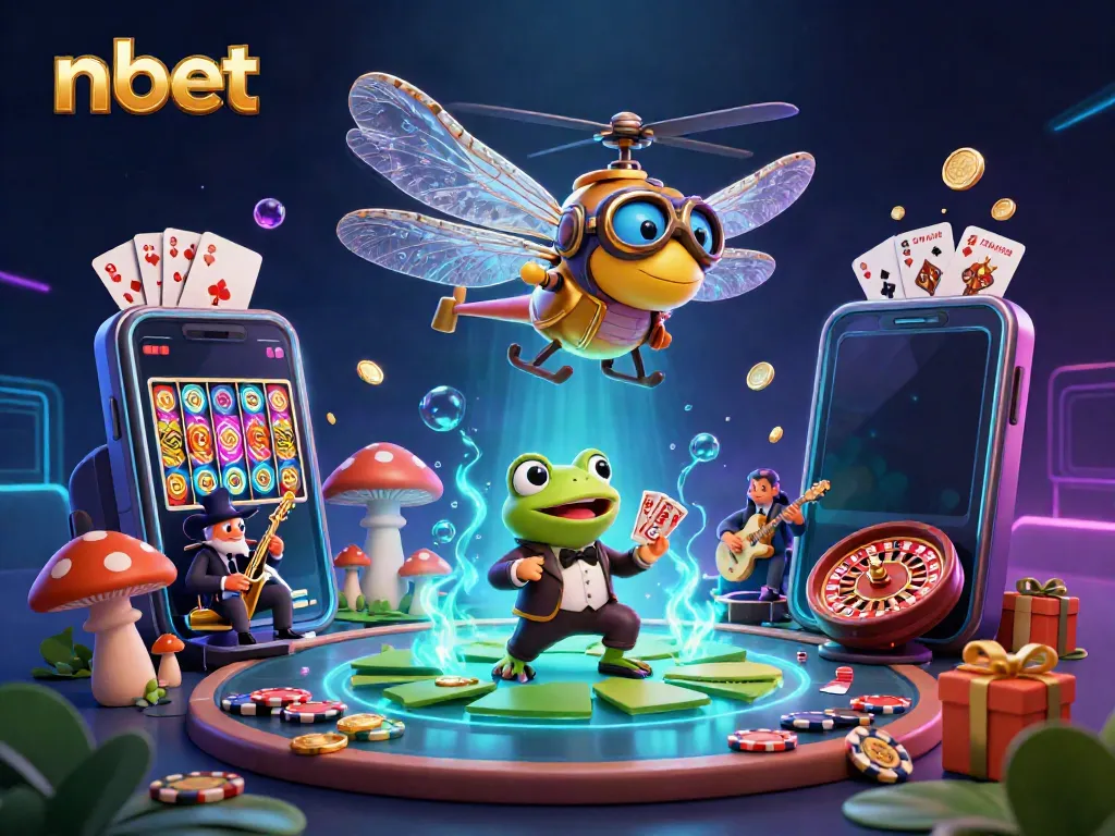 Experience nbet's thrilling casino atmosphere with a vibrant scene featuring a dragonfly pilot, frog croupier, and jazz musicians.