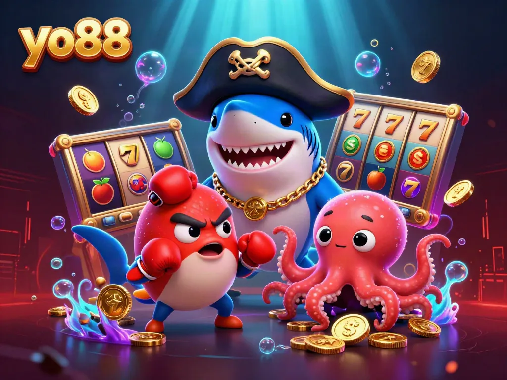 Experience thrilling gameplay with yo88 in a vibrant 3D casino scene full of slot reels and colorful characters.