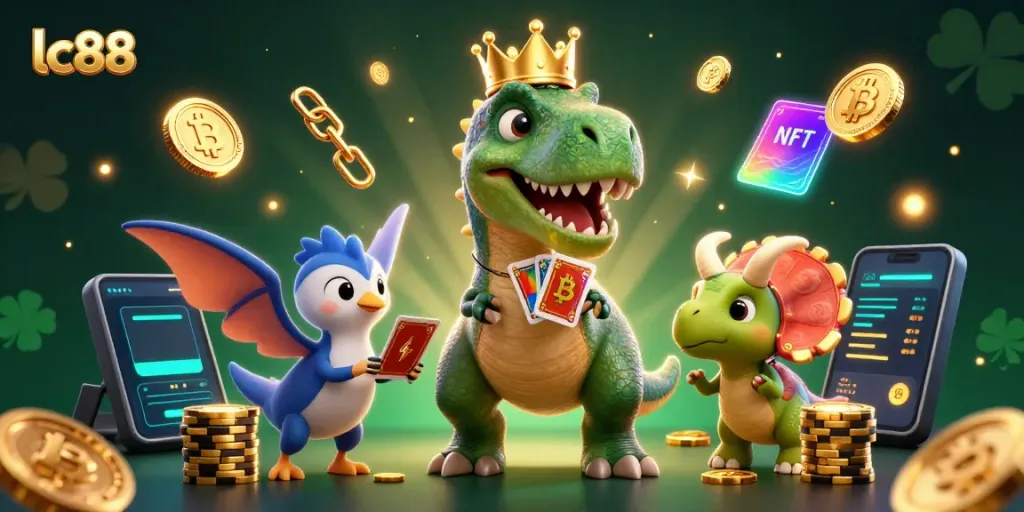 Play with lc88's friendly T-Rex dealer and baby triceratops in a vibrant casino setting.