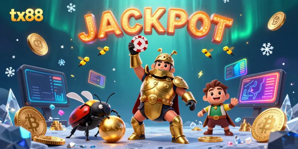 Experience tx88's thrilling victory in a dynamic casino scene with vibrant characters and games.