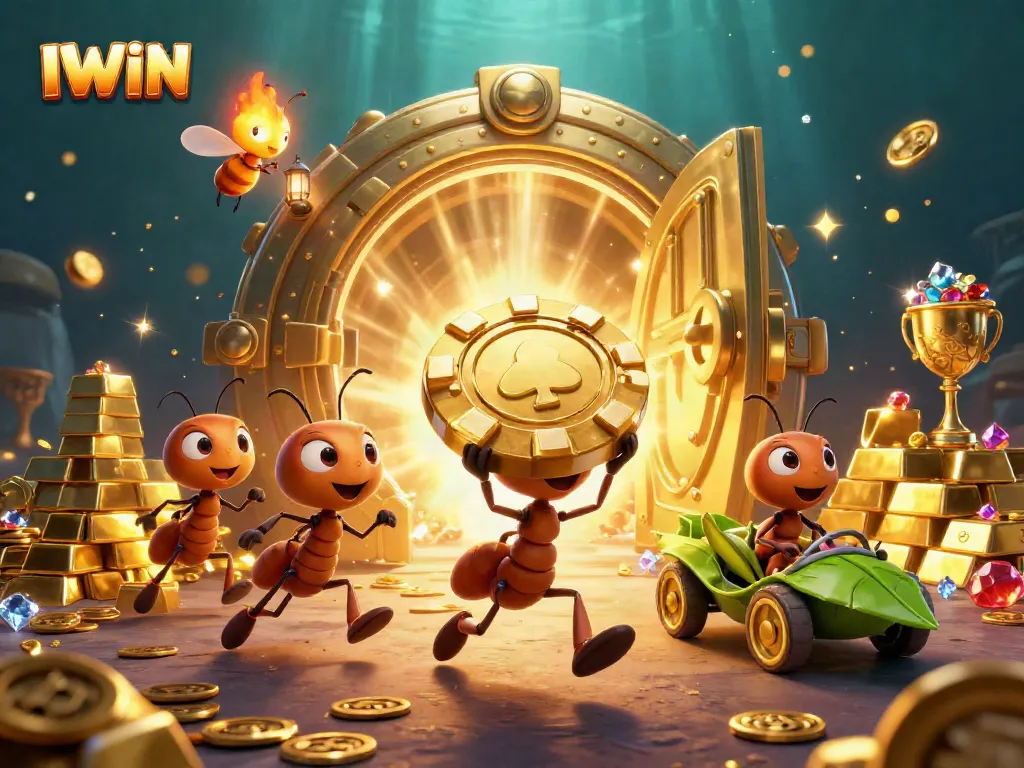IWIN: Team of cartoon ants heisting a massive poker chip in a vibrant casino-themed 3D illustration.
