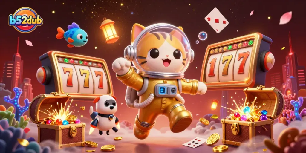Experience thrilling slots and jackpots at b52club in this vibrant casino scene featuring a space cat and robot dog.