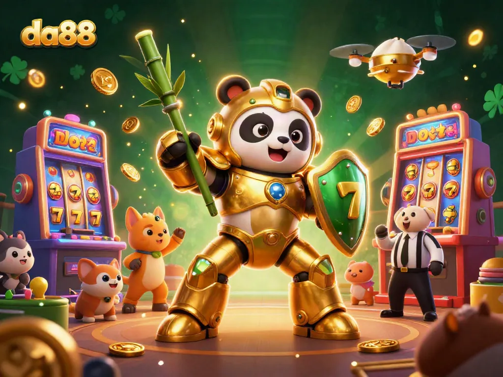 Experience thrilling gameplay at da88 with an energetic scene featuring a golden panda battling in a vibrant casino arena.