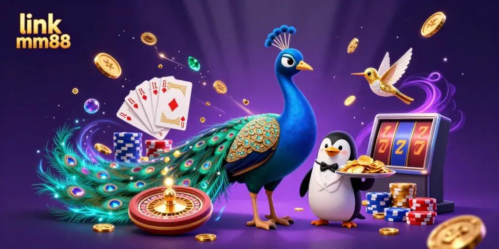 Engage with link mm88 as a lavish 3D casino scene unfolds, featuring dazzling characters and vibrant gambling elements.