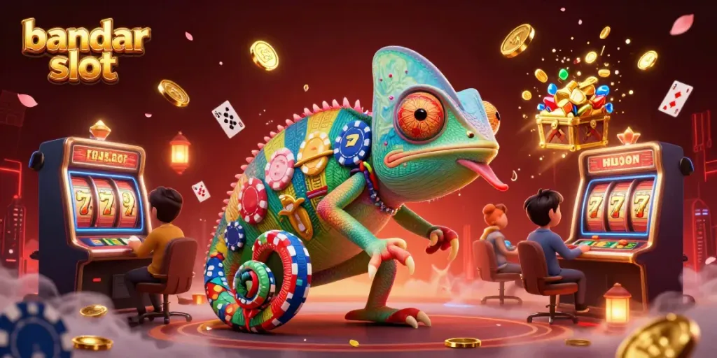 Engage with bandar slot gaming excitement featuring vivid chameleon casino owner amidst dynamic slot elements.