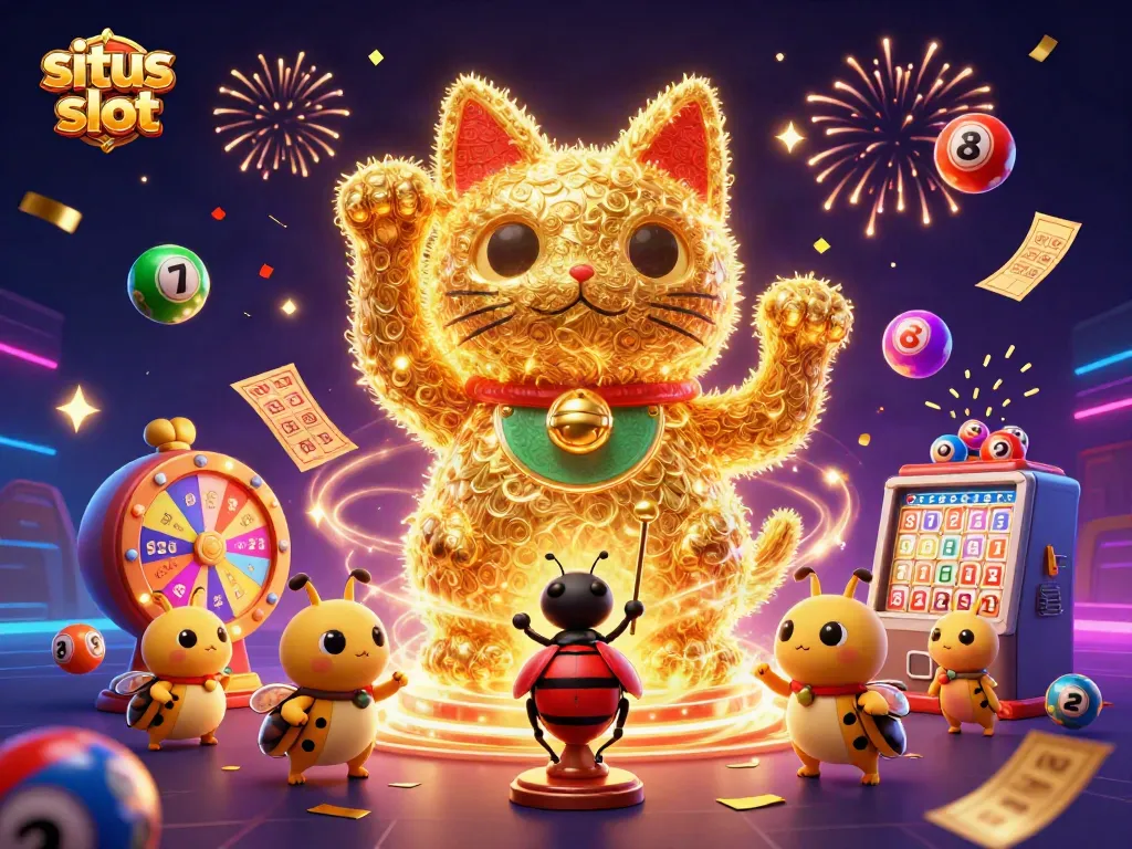 Persembahan situs slot dengan kucing keberuntungan raksasa dikelilingi bola lotere berwarna menarik.