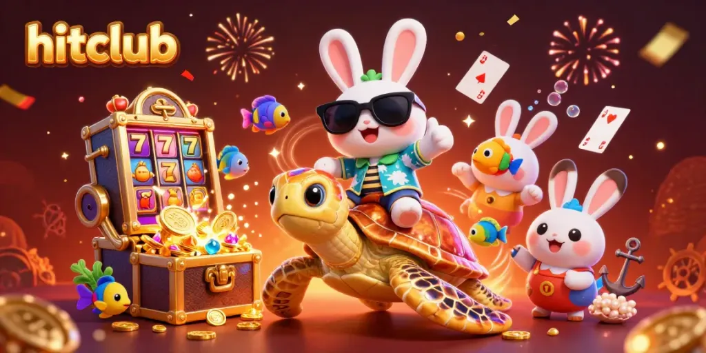 Join the fun at hitclub, where playful characters celebrate with casino treasures in a vibrant underwater scene.