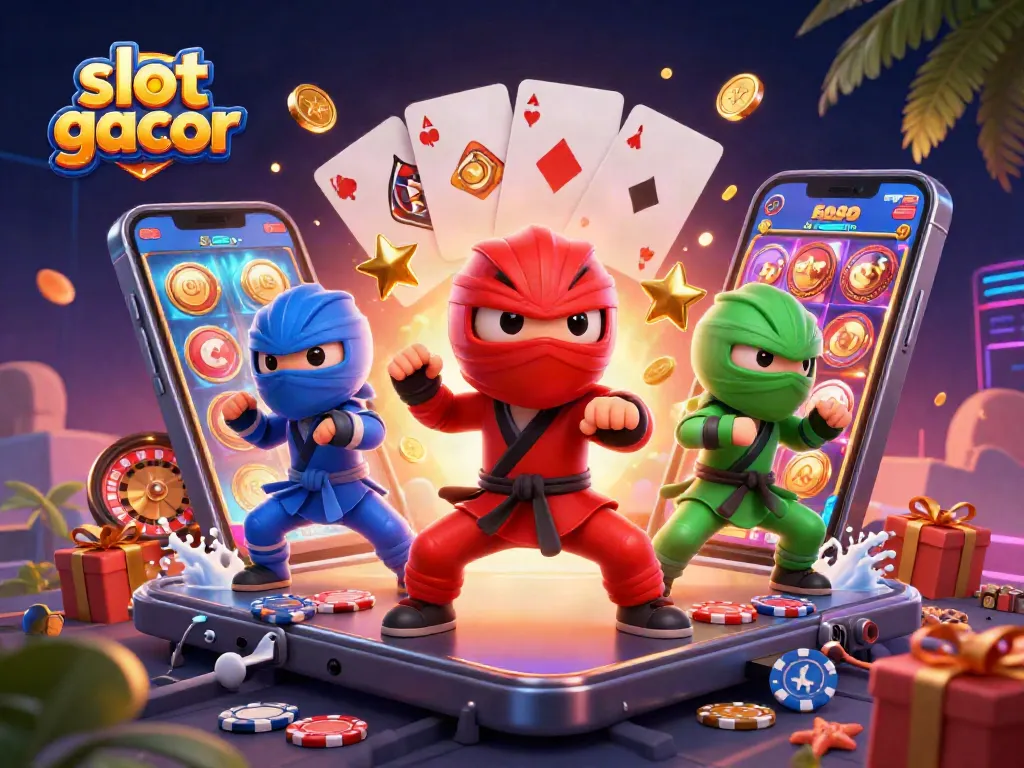 Engage with slot gacor as ninja chameleons showcase dazzling martial arts amidst vibrant casino elements.