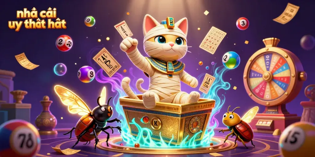 Experience the excitement at nhà cái uy tín nhất with a dynamic illustration of an Egyptian mummy cat and casino elements.