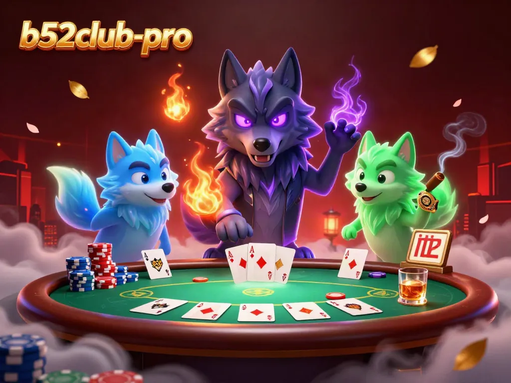 Experience thrilling gameplay with b52club-pro's poker elements surrounded by spectral wolf characters.