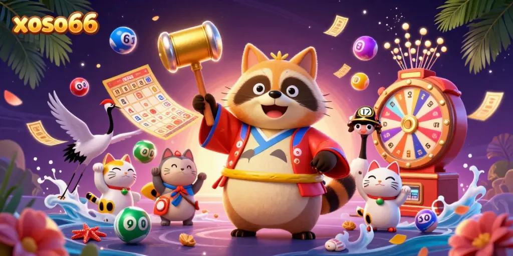 Engage with xoso66 through a vibrant illustration of lucky tanuki, traditional elements, and dynamic gaming excitement.