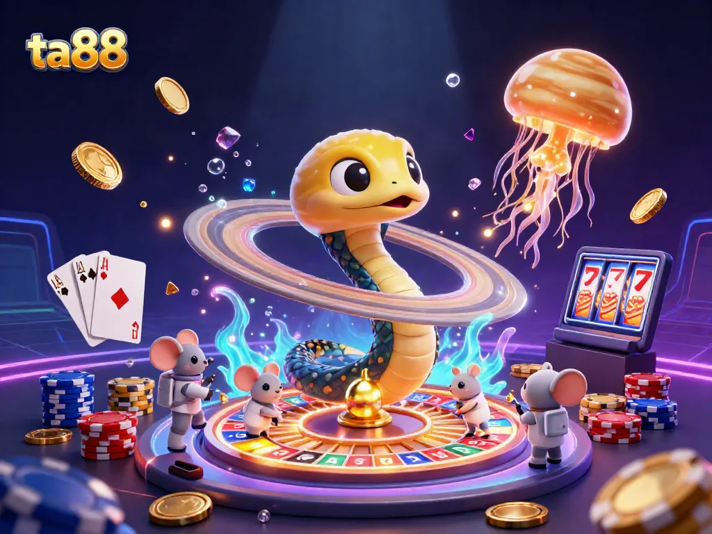 Engage in thrilling cosmic casino action with ta88 as cartoon characters bet on spinning roulette rings.