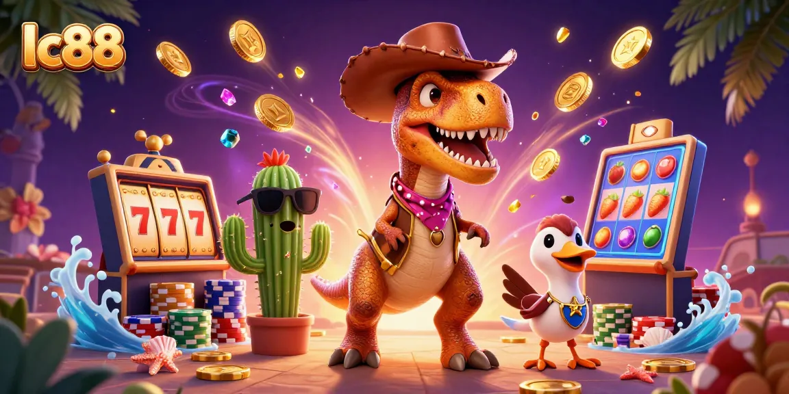 Experience thrilling gameplay with lc88's vibrant casino scene featuring T-Rex and friends!