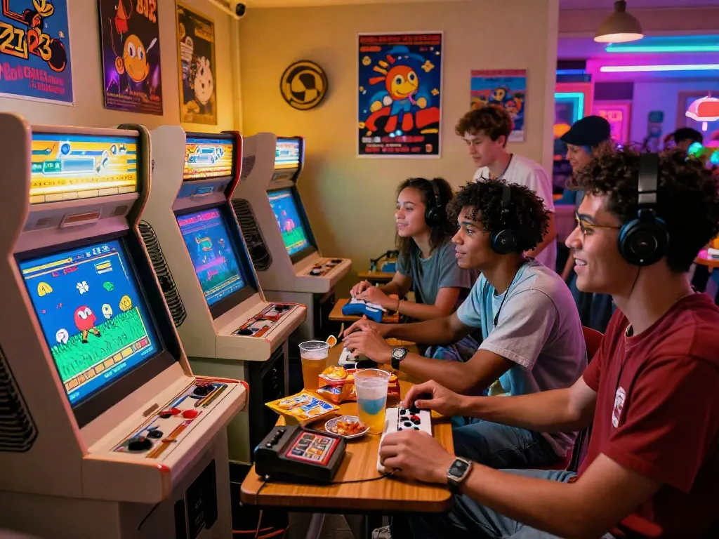 Friends playing PECAH404 classic arcade games in a nostalgic game room.