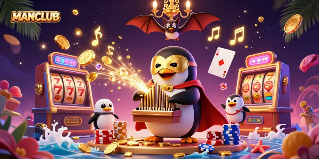 Engage with MANCLUB's thrilling casino atmosphere featuring golden coins and animated characters.