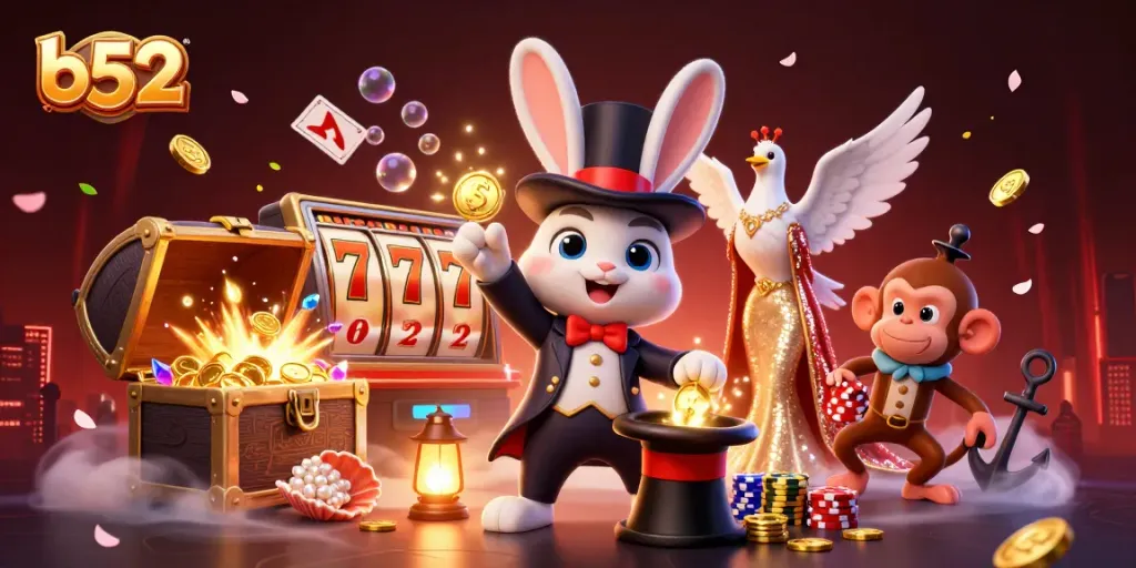 Engage with the b52 casino magic featuring a magician rabbit, assistant dove, and playful monkey collecting riches.
