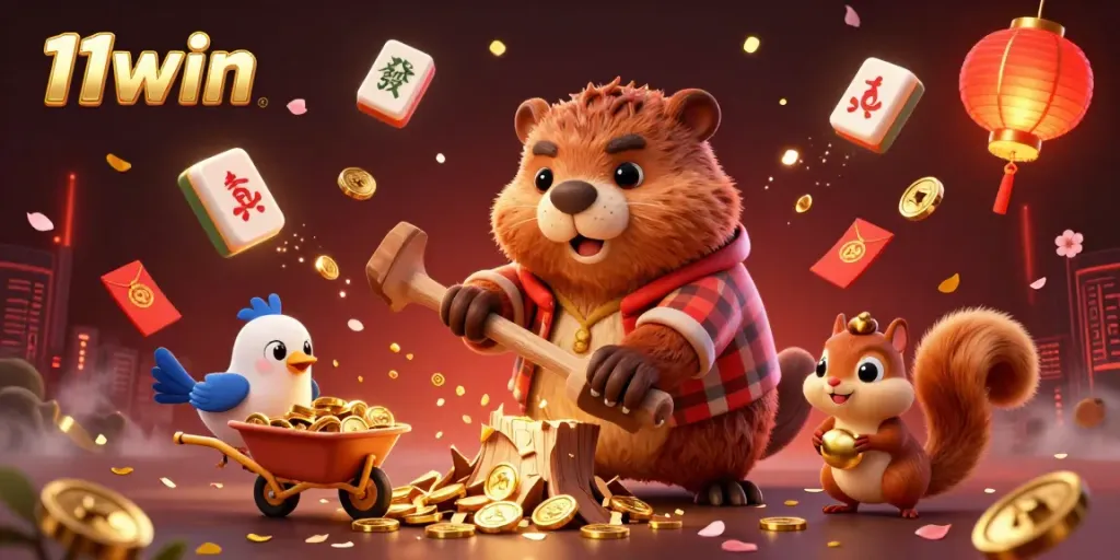 Engage with 11win's vibrant casino world, featuring a beaver and friends gathering gold coins amidst dynamic game elements.