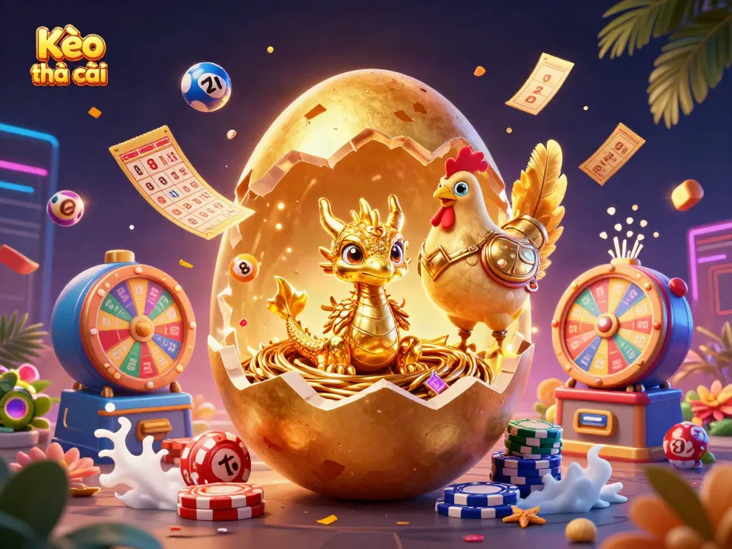 Experience Kèo nhà cái with vibrant lottery balls, golden tickets, and poker chips in this dynamic illustration.
