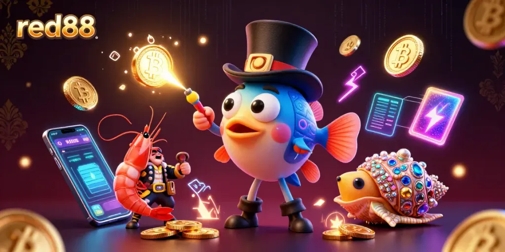 Engage in thrilling gambling at red88, showcasing a cartoon anglerfish and golden coins