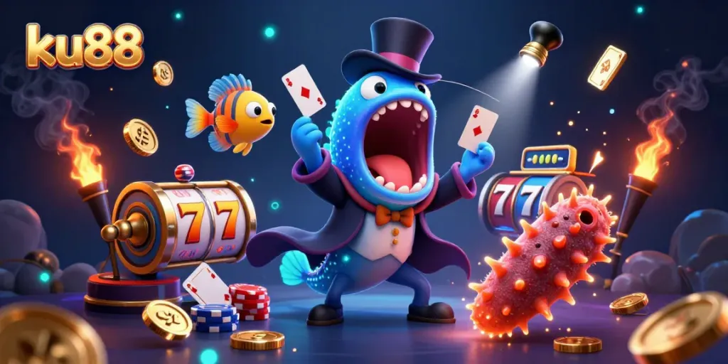 ku88 features an eel magician performing tricks amidst vibrant casino symbols, showcasing entertainment.