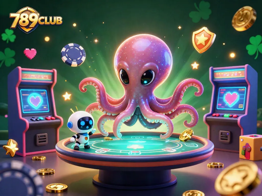 Engage in thrilling casino games at 789CLUB with a vibrant alien-themed scene filled with poker and arcade elements.