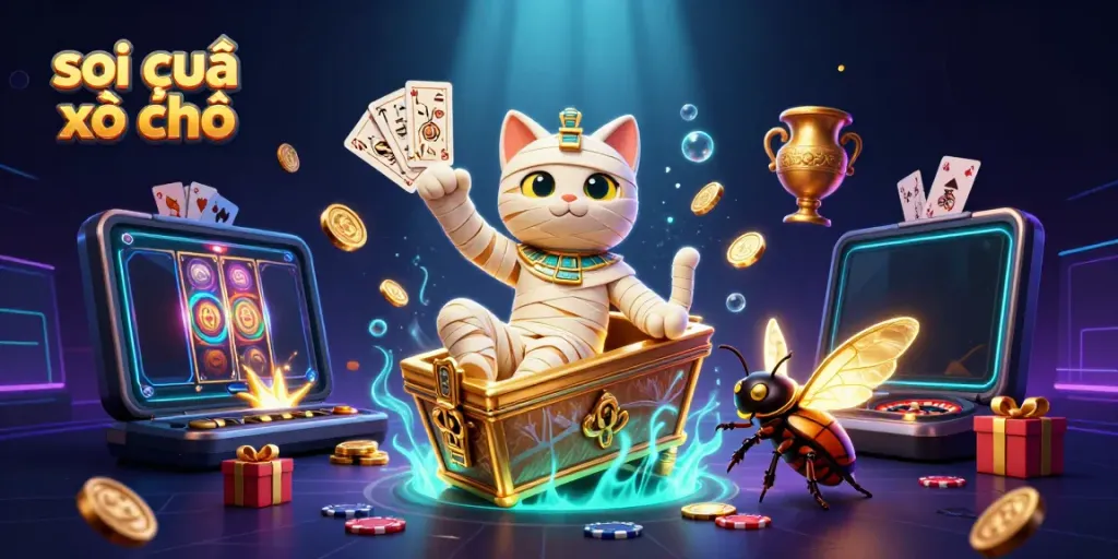 Experience thrilling soi cầu xổ số with an Egyptian mummy cat and vibrant casino elements.