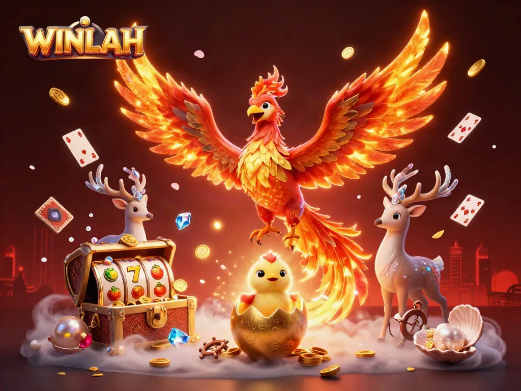 Experience the fiery WINLAH phoenix leading the gaming adventure amidst vibrant slot reels and treasures.