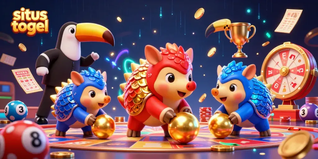 Engaging scene with a "situs togel" theme showing vibrant pangolins bowling through lottery elements.