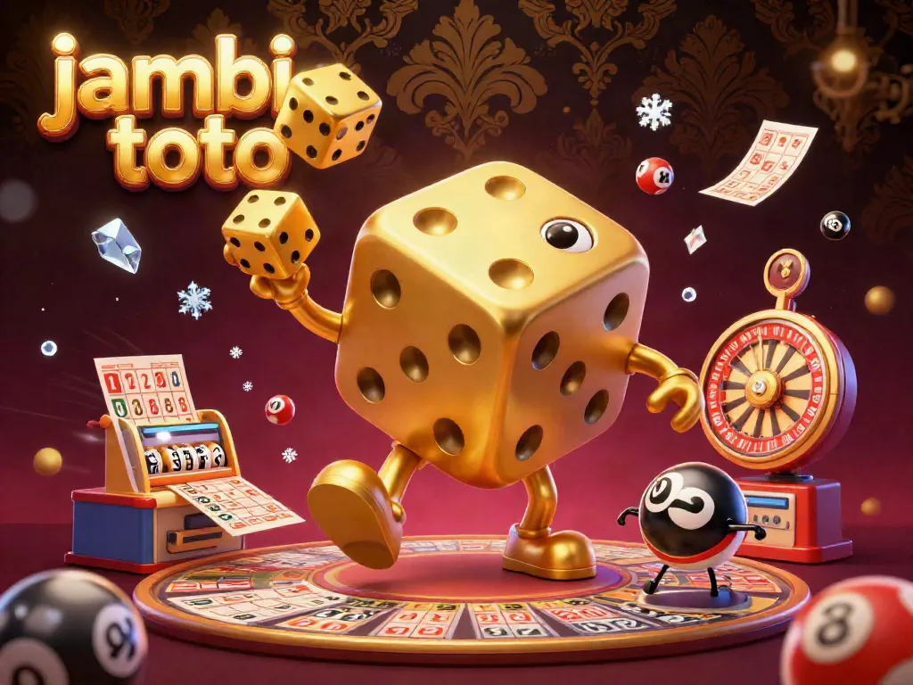 Experience the excitement of jambi toto lottery with a golden dice character and vibrant gaming elements.