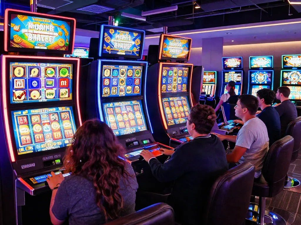 Exciting slot gaming experience with players enjoying vibrant digital slots.