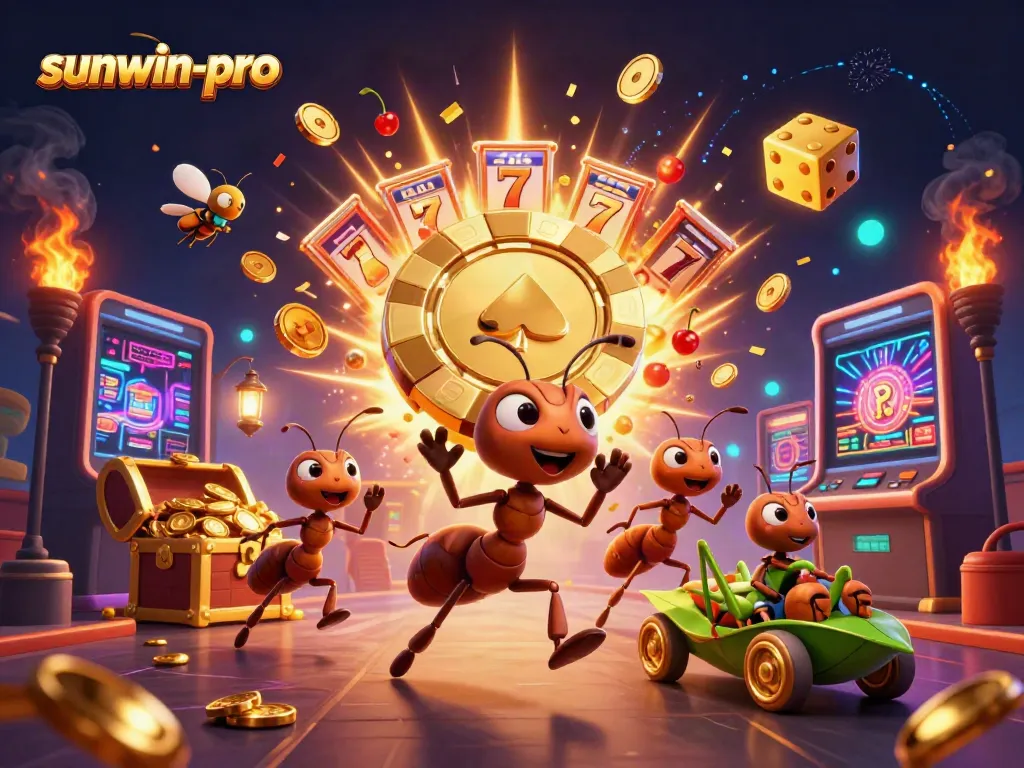 Experience the excitement of sunwin-pro casino with animated ants heisting a giant poker chip.