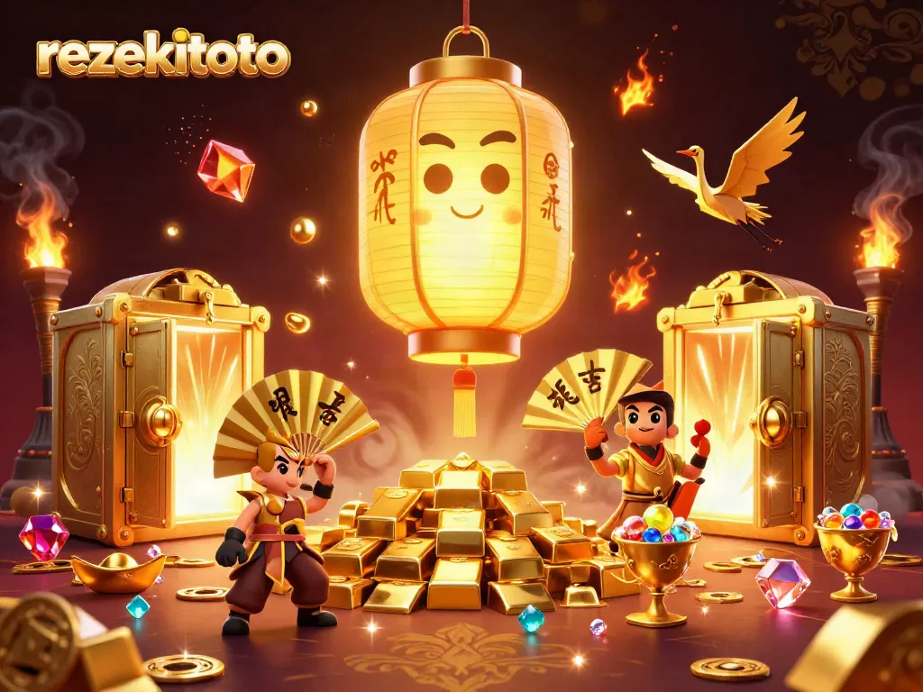 Experience winning excitement at rezekitoto with vibrant gaming characters amidst glowing treasures.
