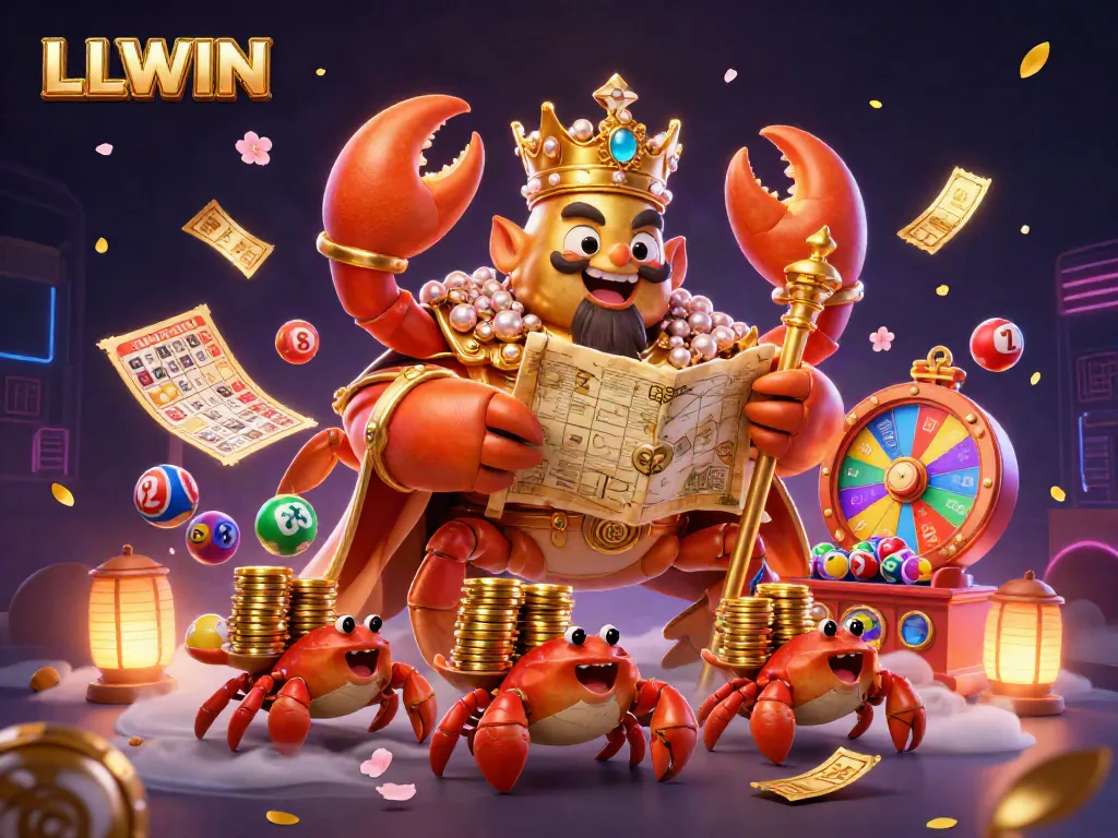 Engage in thrilling gameplay at LLWIN with a vibrant casino scene featuring a golden crab emperor and lively lottery elements.