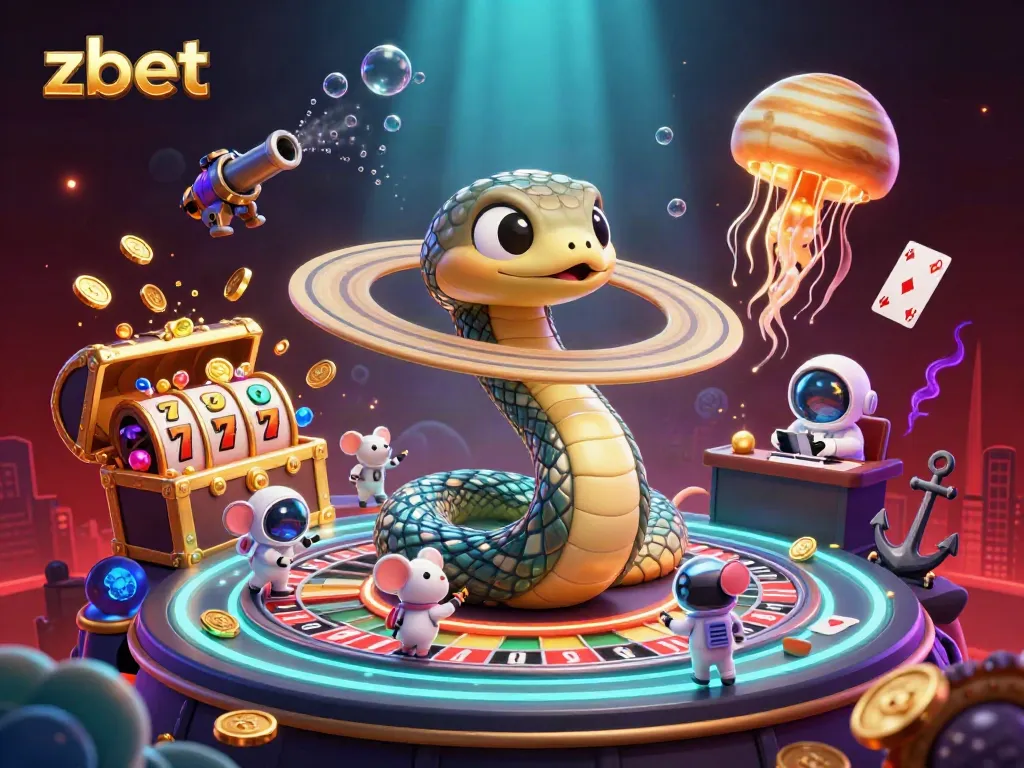 Zbet players enjoy slot games and table betting with lively, vibrant elements in a cosmic casino.