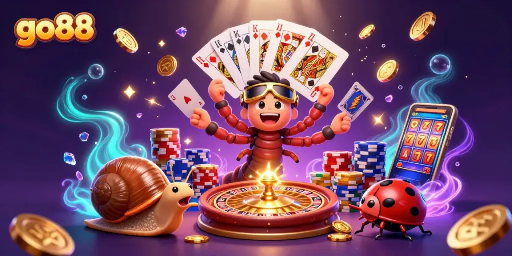 Engage in thrilling go88 action with a lively 3D casino illustration of fun characters and exciting games.