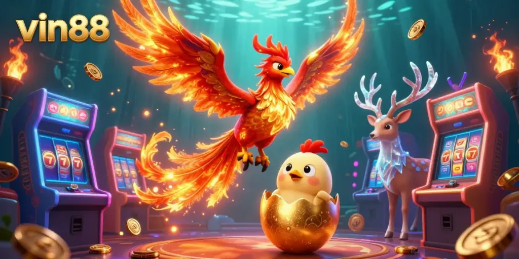 Experience the vibrant luck and winnings at vin88, featuring a phoenix and casino game elements.