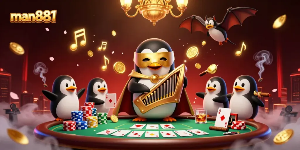 Experience the thrill of man881 with a 3D penguin character playing a pipe organ, showering gold coins.