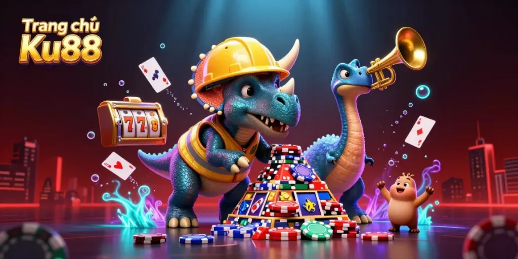 Experience high-stakes excitement with Trang chủ Ku88's vibrant gambling scene featuring playful characters and casino elements.