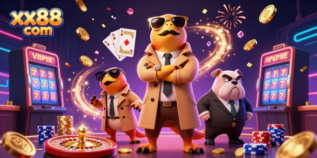 Experience the excitement at xx88 com with cartoon raptors and casino treasures.